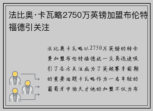法比奥·卡瓦略2750万英镑加盟布伦特福德引关注