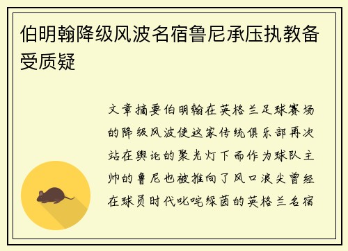 伯明翰降级风波名宿鲁尼承压执教备受质疑